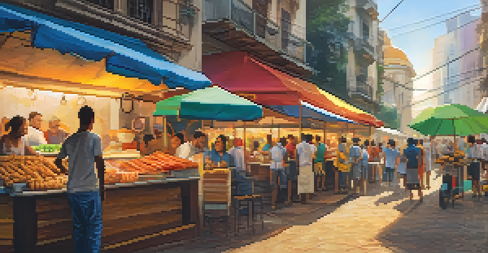 A lively street food scene in São Paulo with colorful food stalls and a vendor serving coxinhas to customers.