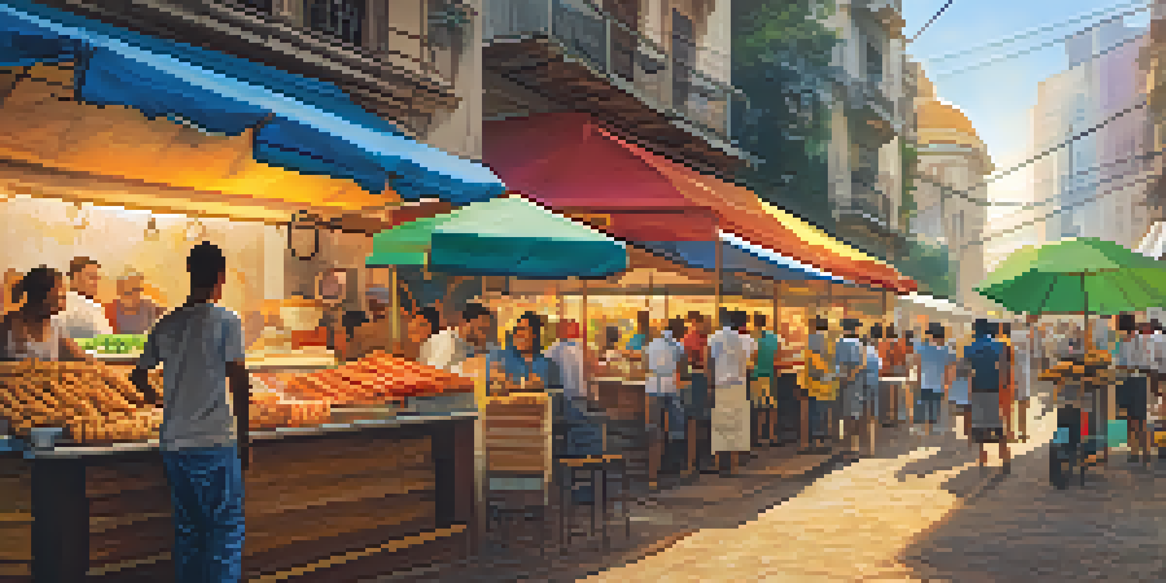 A lively street food scene in São Paulo with colorful food stalls and a vendor serving coxinhas to customers.