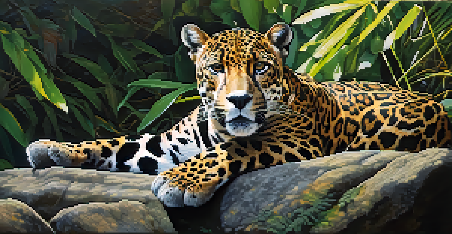 A close-up of a jaguar resting on a rock in a green forest, showcasing its distinctive coat and piercing eyes.
