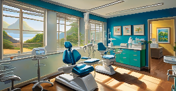 A bright and modern dental clinic in Brazil with a friendly dentist consulting a patient amidst colorful artwork.