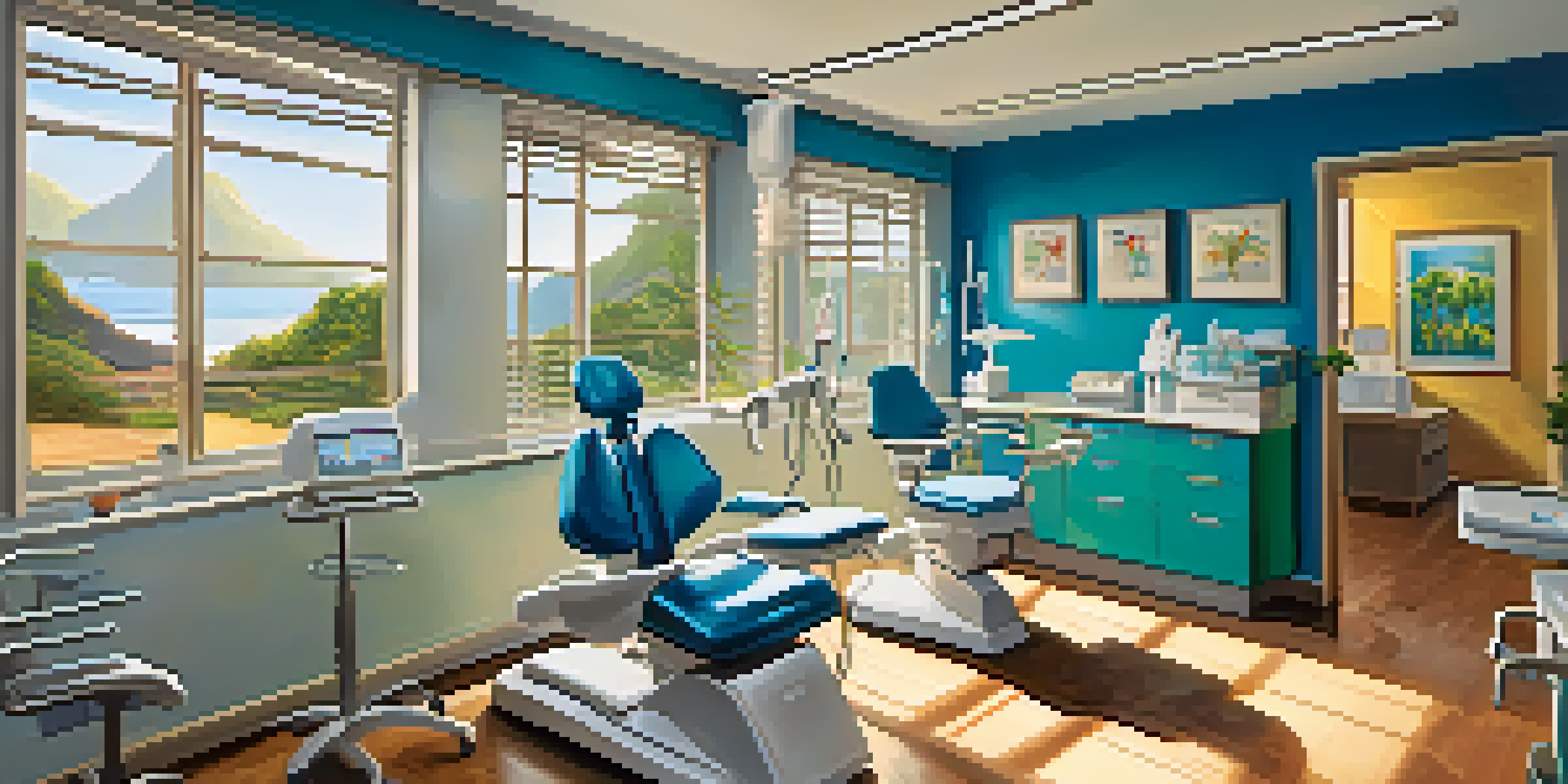 A bright and modern dental clinic in Brazil with a friendly dentist consulting a patient amidst colorful artwork.