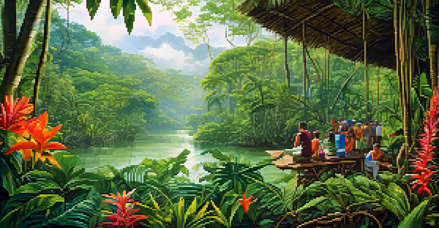 Volunteers observing wildlife in the Amazon rainforest, surrounded by lush greenery and colorful flowers, with sunlight filtering through the trees.