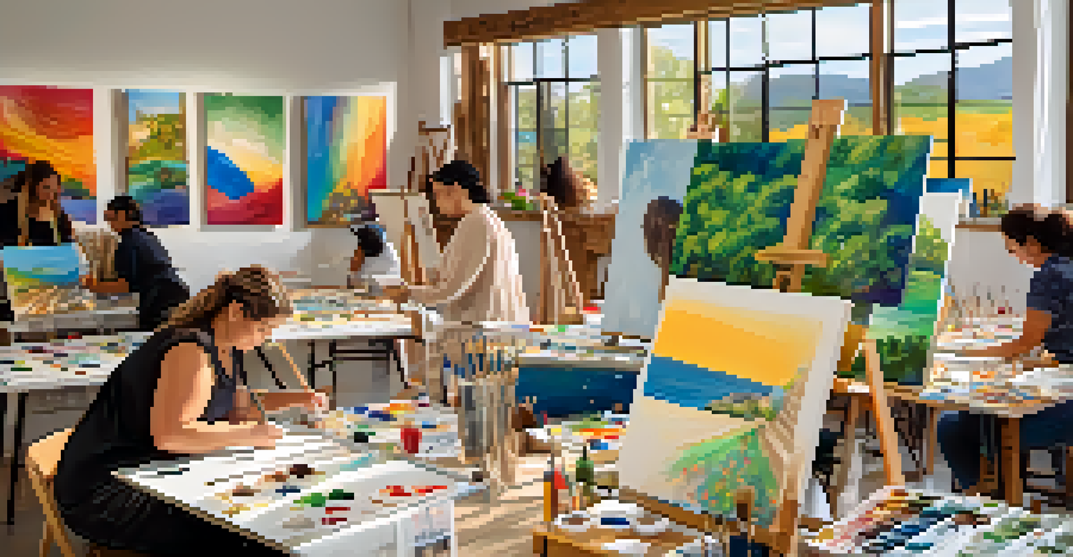 Individuals painting in a bright studio filled with colorful paints and natural light.