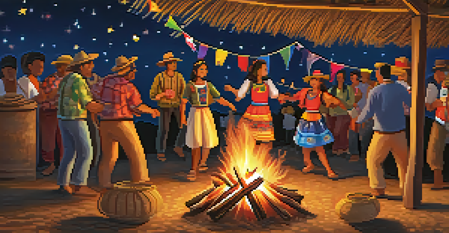 A Festa Junina celebration with a caipira character dancing around a bonfire, surrounded by colorful decorations and people enjoying the festivities.