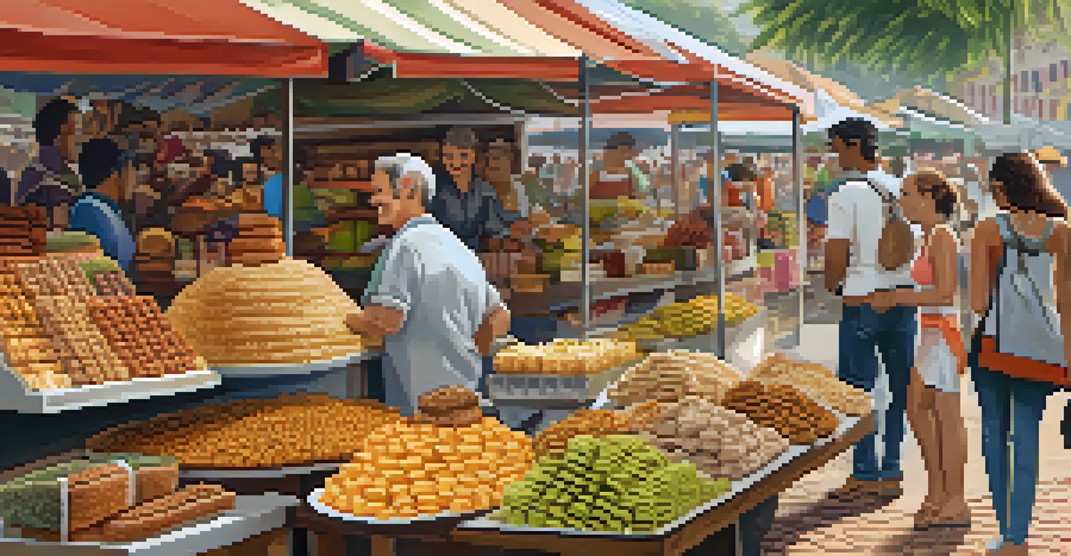 A vendor's stall at a Rio street market showcasing traditional Brazilian foods, with a smiling vendor and customers sampling the dishes.