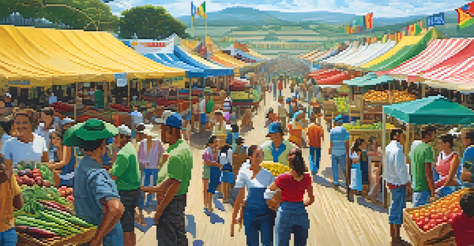 A lively agricultural fair in Brazil with colorful stalls, fresh produce, and farmers interacting against a bright blue sky.