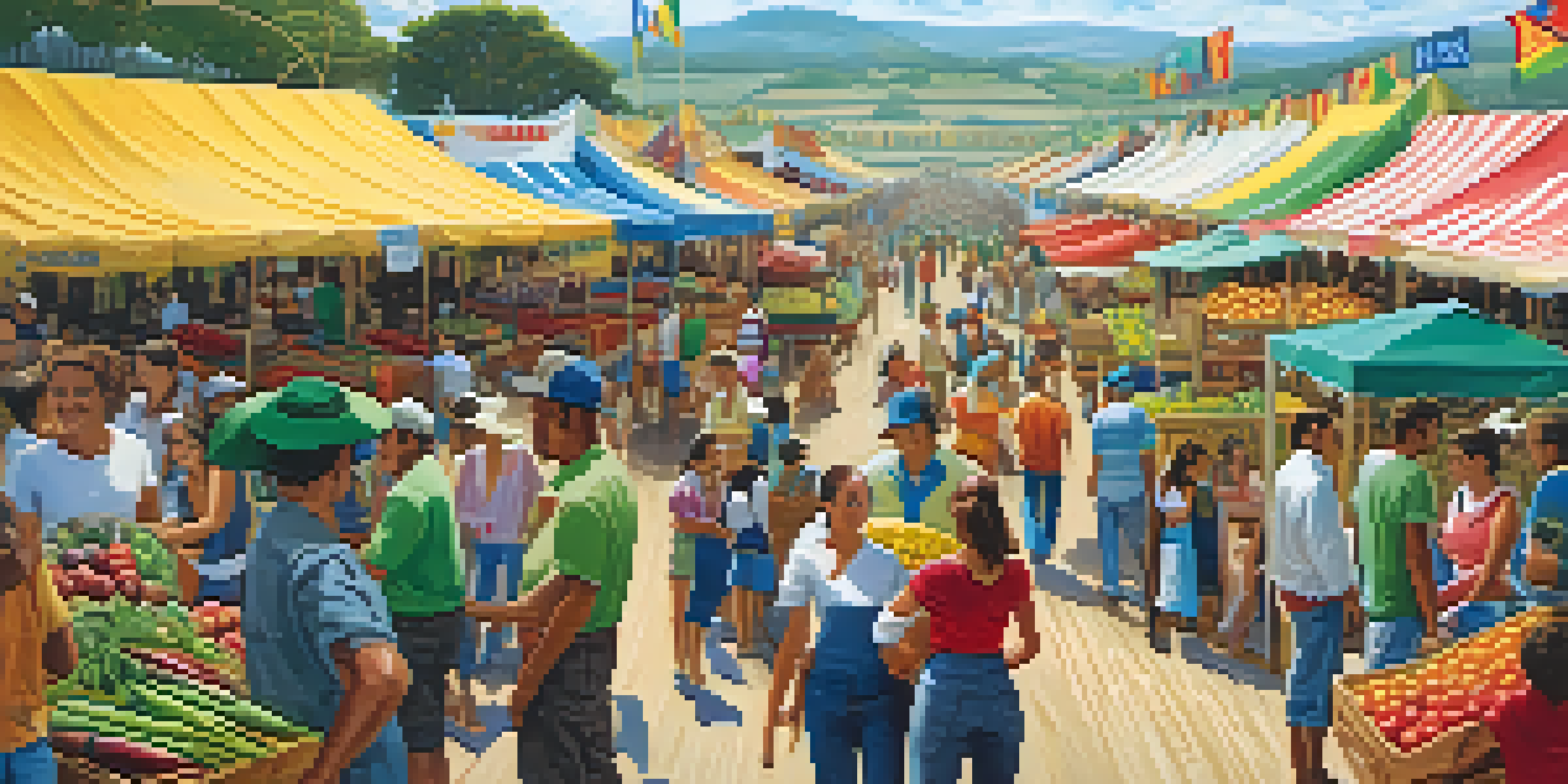 A lively agricultural fair in Brazil with colorful stalls, fresh produce, and farmers interacting against a bright blue sky.