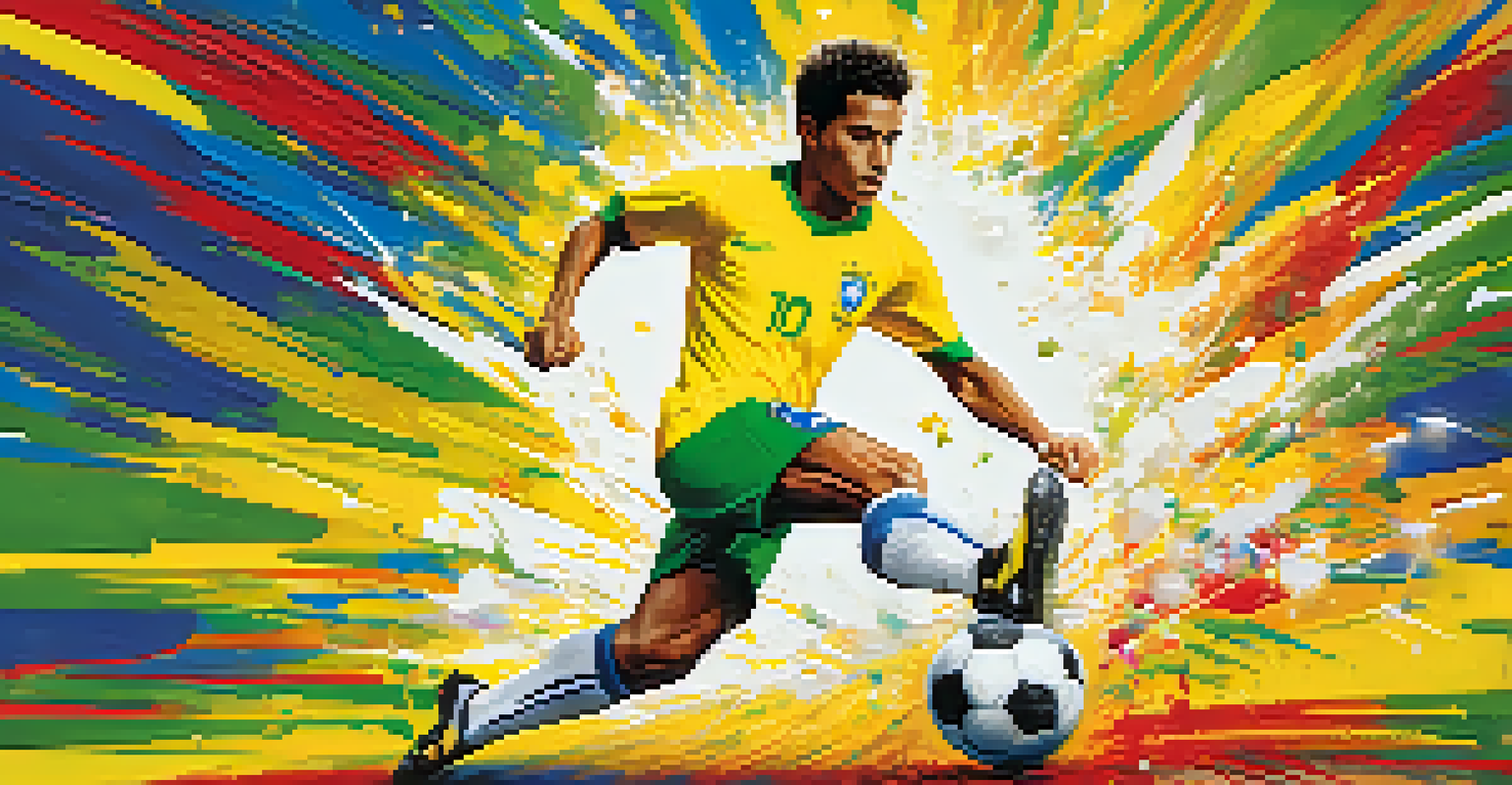 A dynamic image of a Brazilian soccer player dribbling a ball, surrounded by vibrant colors and abstract shapes representing samba.