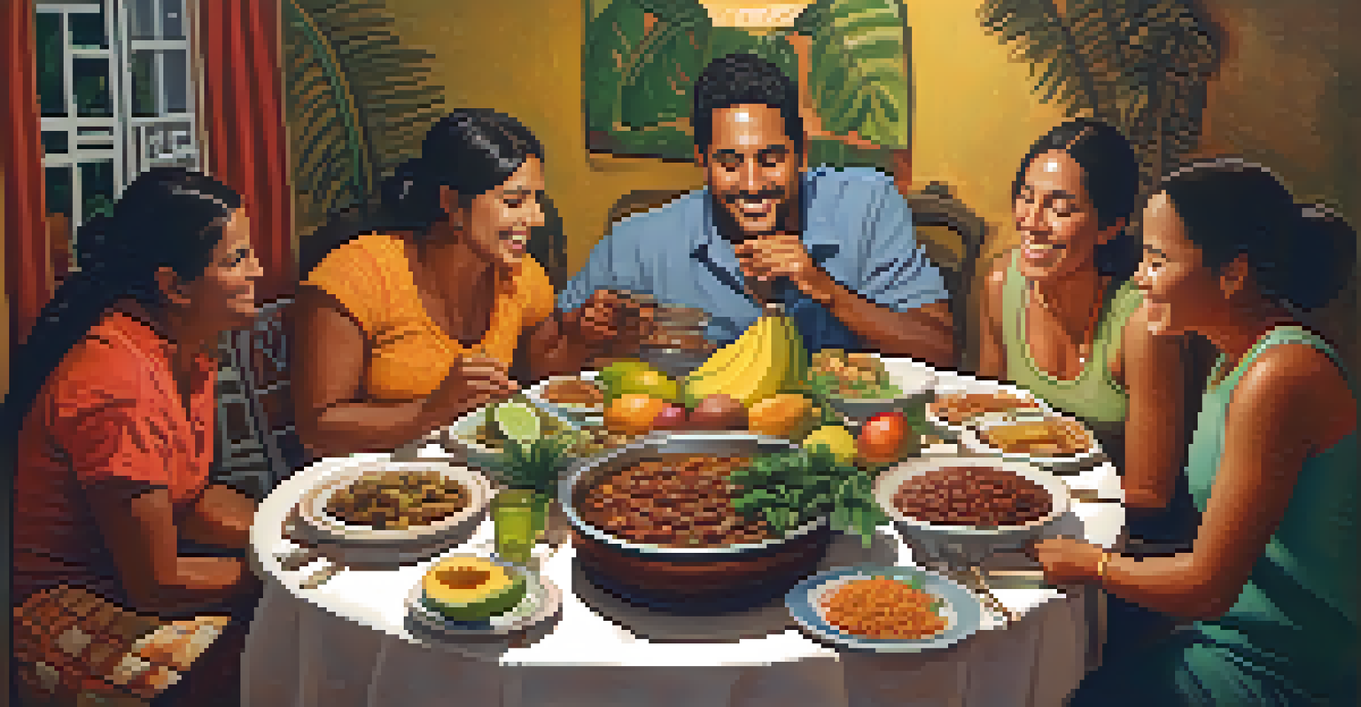 A Brazilian family enjoying a traditional meal together around a table filled with food, with warm lighting and smiles all around.
