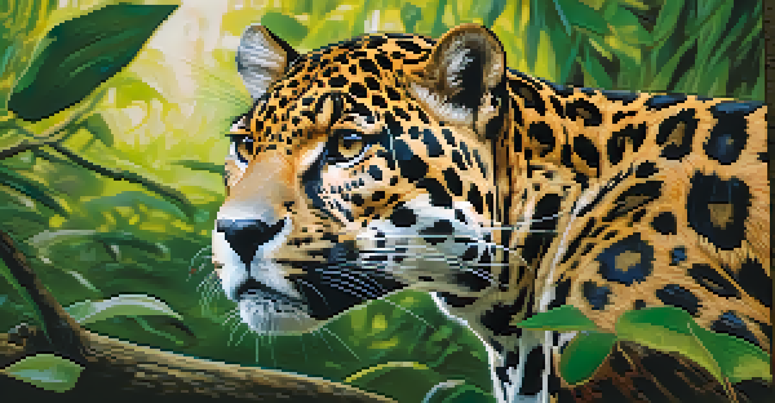 A close-up of a jaguar resting on a tree branch in the Amazon rainforest, showcasing its spotted coat against green leaves.