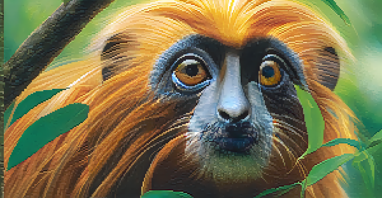 A golden lion tamarin being released into the wild, perched on a branch surrounded by green foliage.