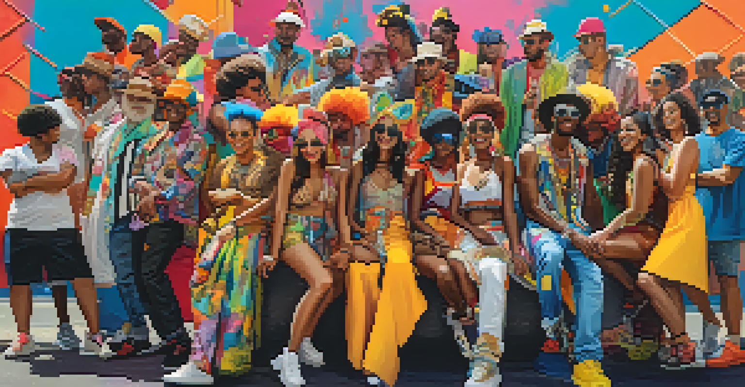 A group of people in colorful street style outfits inspired by Carnival, set against vibrant urban graffiti.