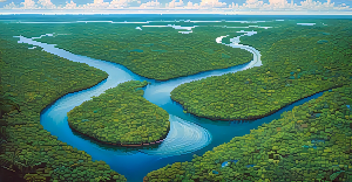Aerial view of the Amazon Basin with a winding river and lush rainforest, showcasing vibrant flora and fauna.