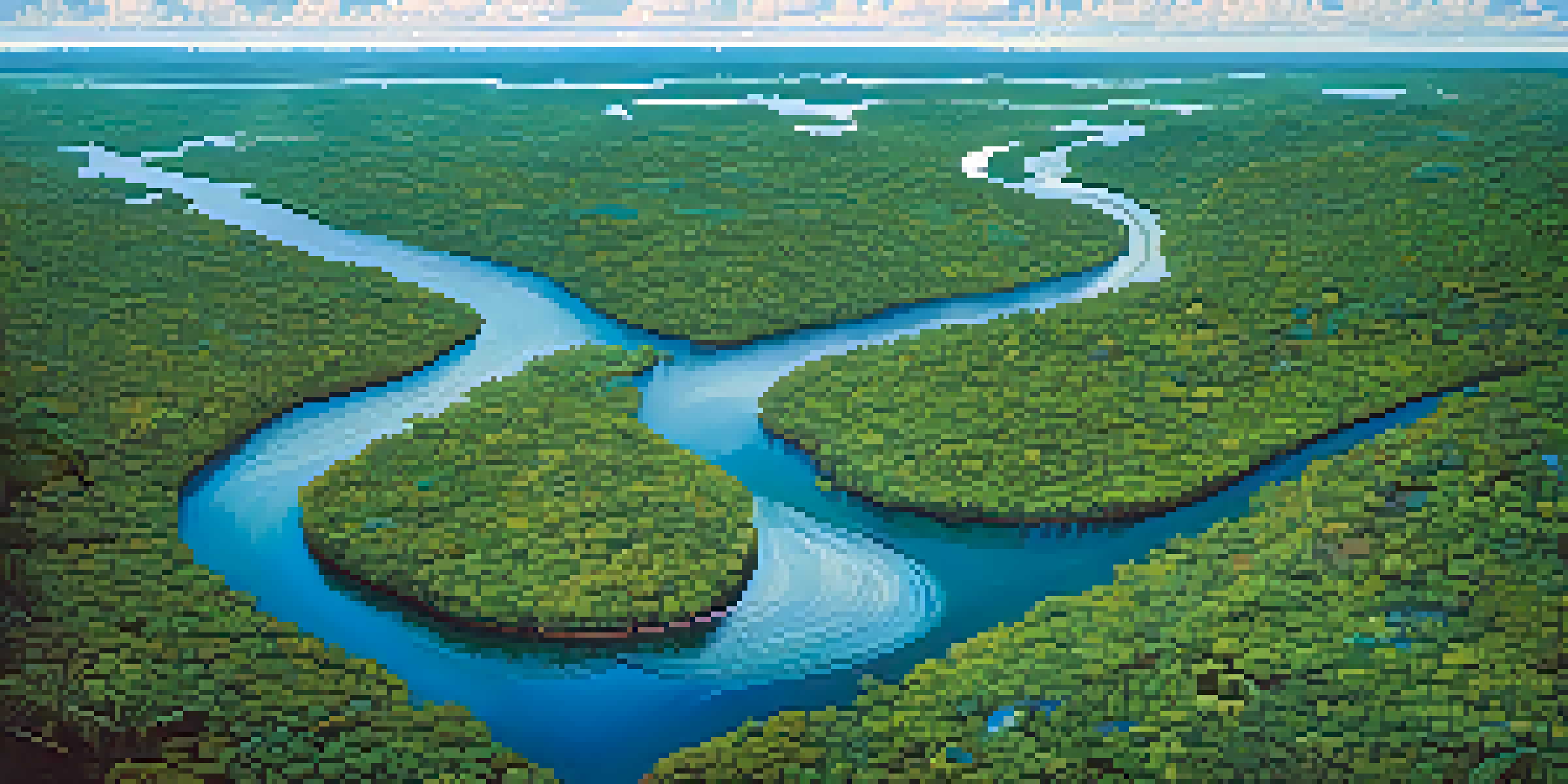 Aerial view of the Amazon Basin with a winding river and lush rainforest, showcasing vibrant flora and fauna.
