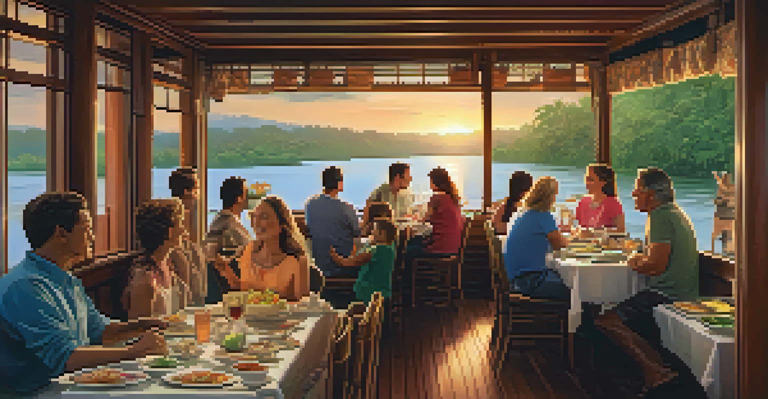 A family dining together on an Amazon river cruise, enjoying colorful dishes with a view of the river.