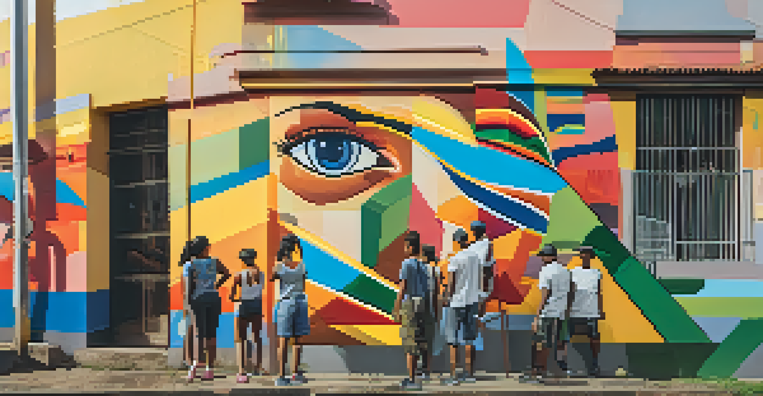 Local residents and artists collaborating on a community mural in São Paulo, featuring themes of unity and cultural heritage during golden hour.