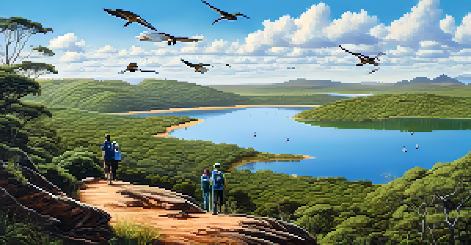 Hikers on a trail in a national park in Brasília, with a beautiful lake and birds in the background, showcasing nature's beauty.