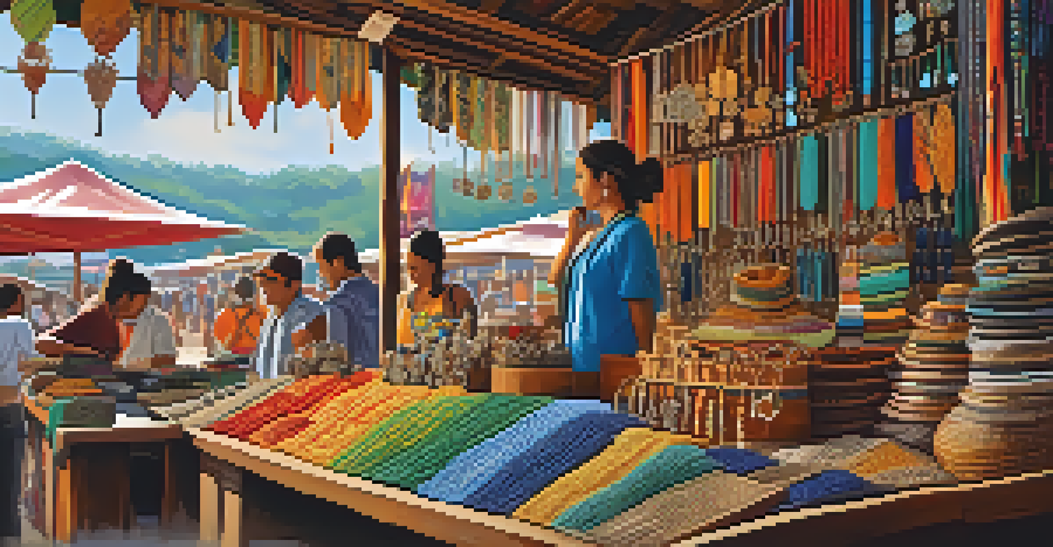 An artisan at a Brazilian market displaying handmade jewelry and crafts, with vibrant colors and intricate designs.