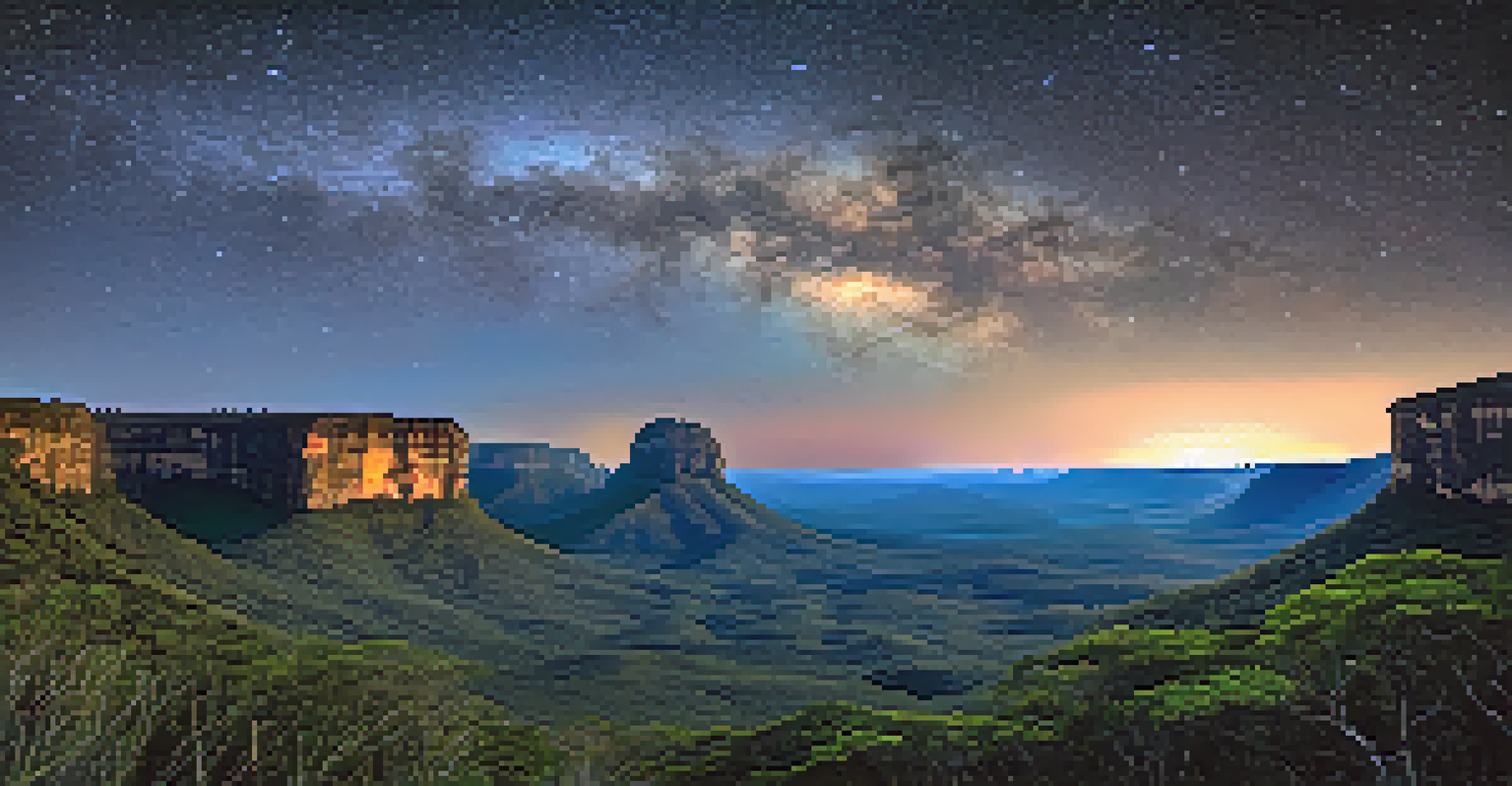 A clear night sky filled with stars over a rugged landscape, highlighting rock formations in silhouette.