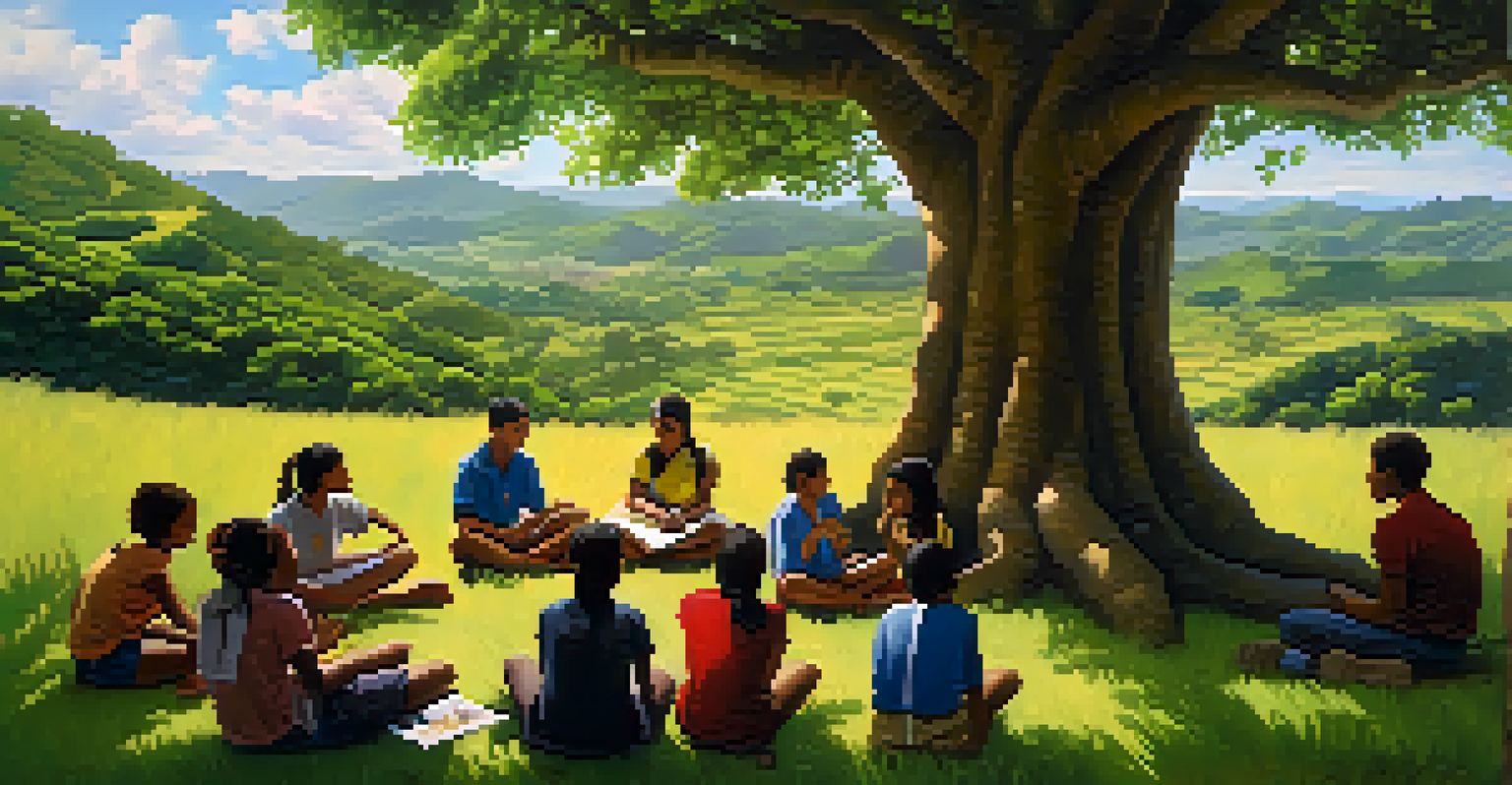 A volunteer teacher sitting under a tree with students in a rural Brazilian landscape, surrounded by green hills and a blue sky.
