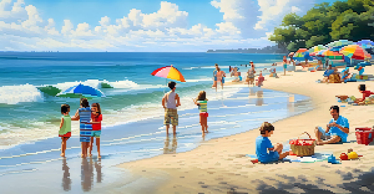 Families enjoying a picnic on Grumari Beach, with children building sandcastles and a clear blue sky.