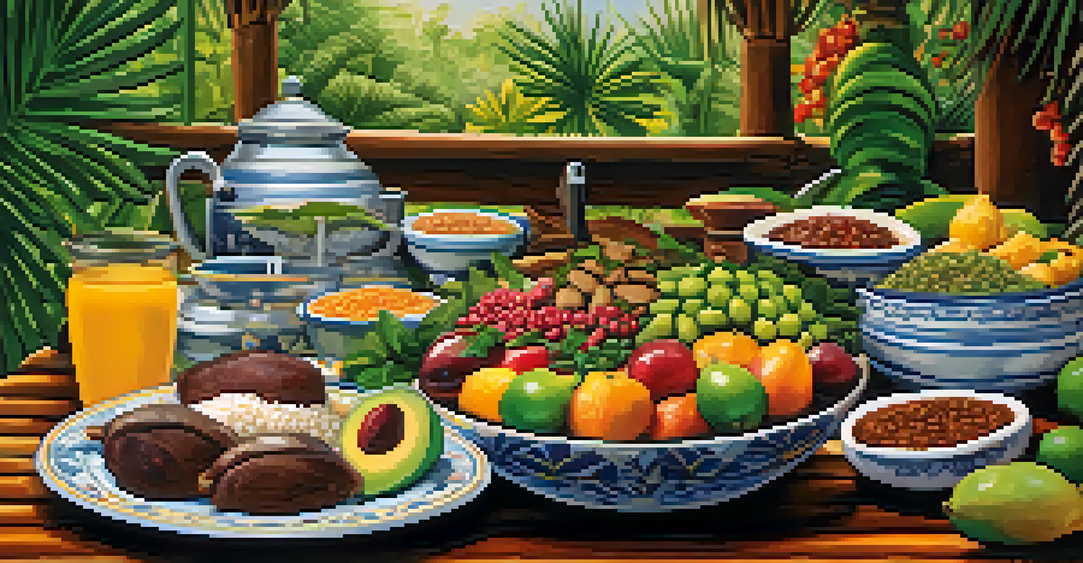 A traditional Brazilian feast with various dishes displayed on a rustic table surrounded by tropical plants.