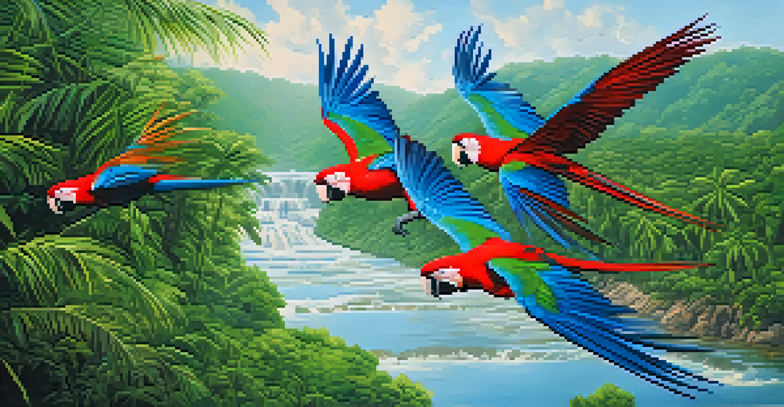 Colorful macaws flying over a river in the Brazilian jungle with a bright blue sky and lush green vegetation.