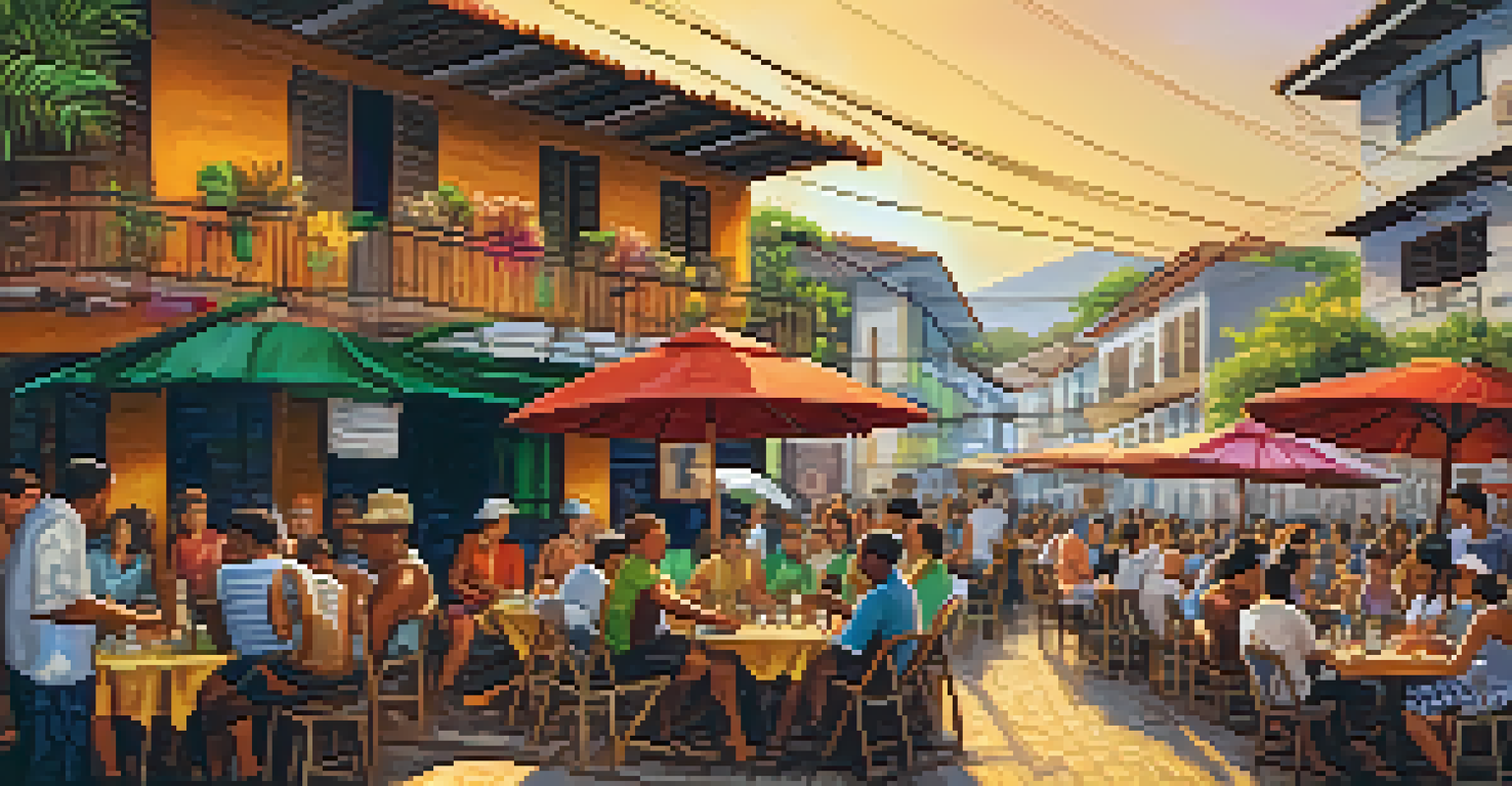 A lively outdoor boteco in Rio de Janeiro with locals enjoying food and drinks under colorful umbrellas.