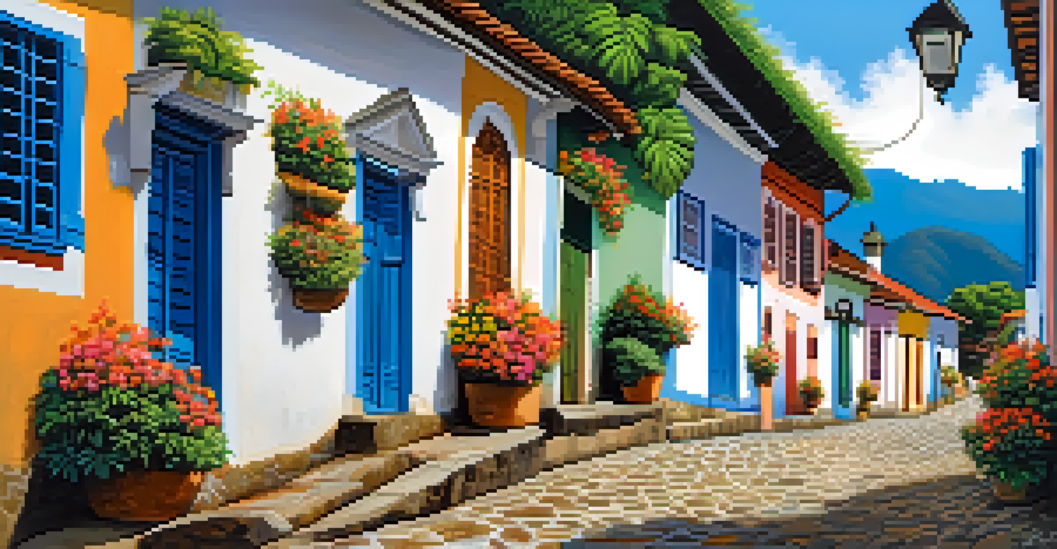 A vibrant colonial town of Paraty with cobblestone streets and colorful buildings, framed by mountains and blue skies.