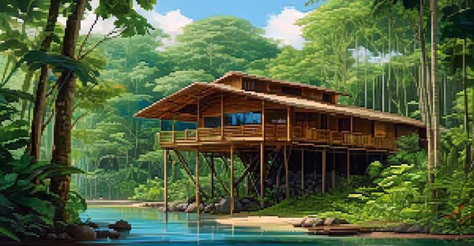 A peaceful eco-lodge in the Amazon rainforest, surrounded by lush trees and bright birds.