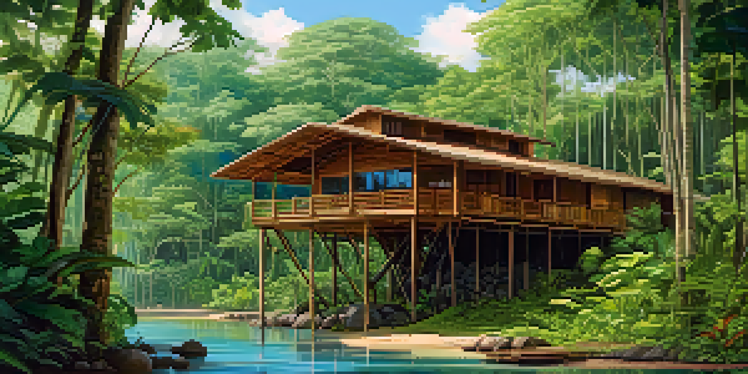 A peaceful eco-lodge in the Amazon rainforest, surrounded by lush trees and bright birds.