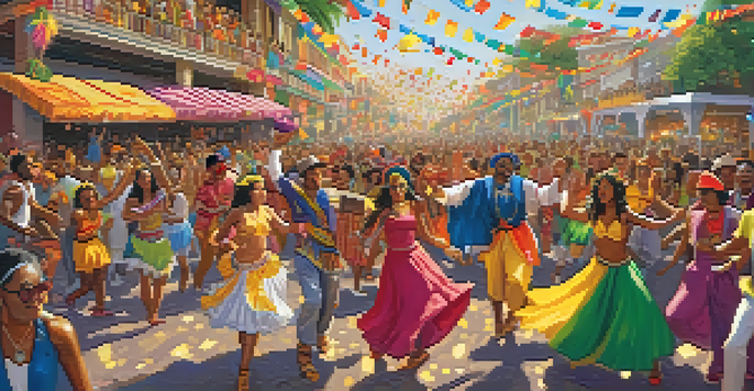 A lively scene of a Brazilian music festival with people in colorful costumes dancing, musicians on stage, and confetti in the air.