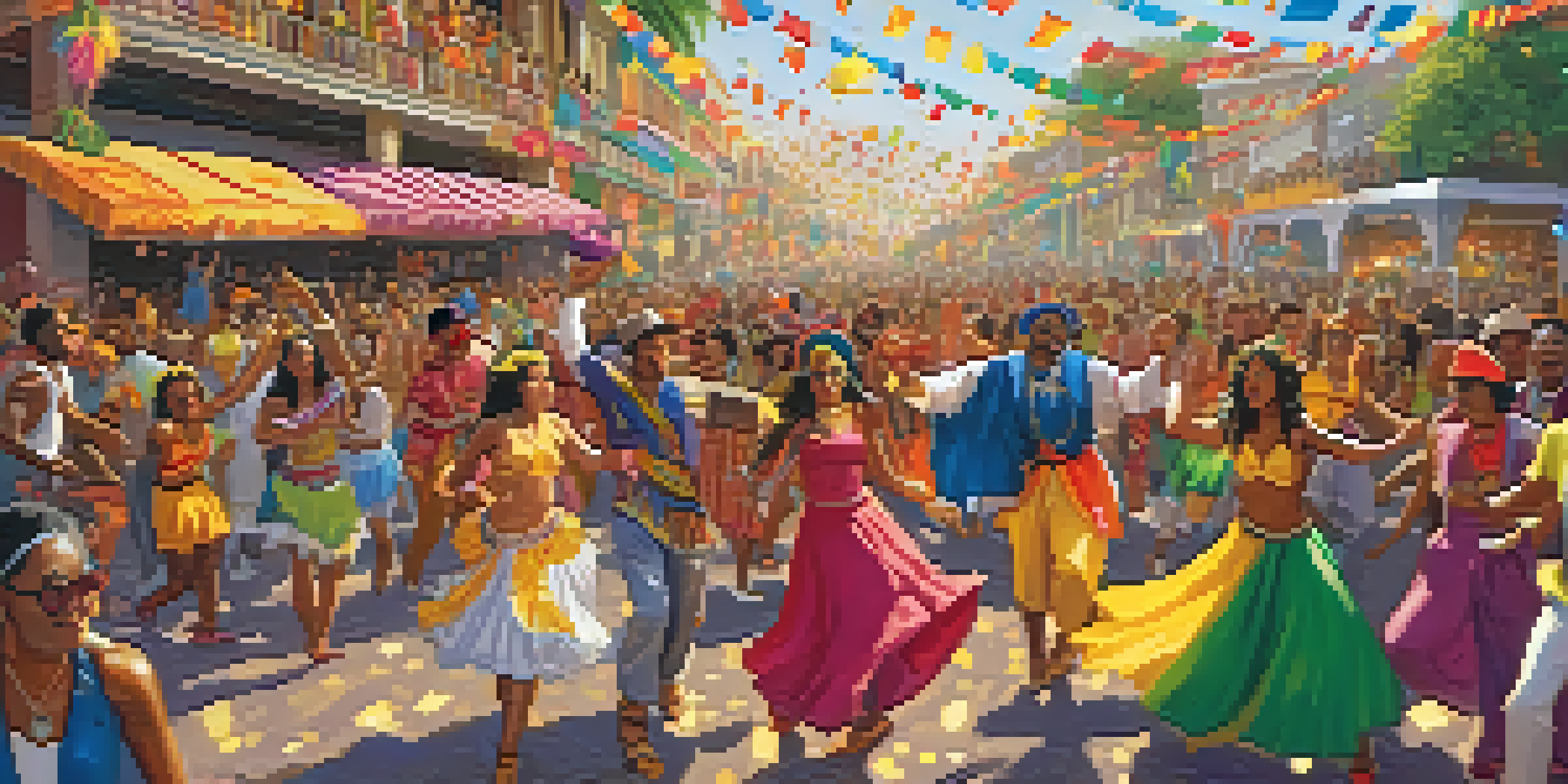 A lively scene of a Brazilian music festival with people in colorful costumes dancing, musicians on stage, and confetti in the air.