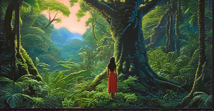 A mystical scene depicting Cuca, the Brazilian witch with a crocodile's head, in a twilight forest surrounded by lush trees and illuminated by moonlight.