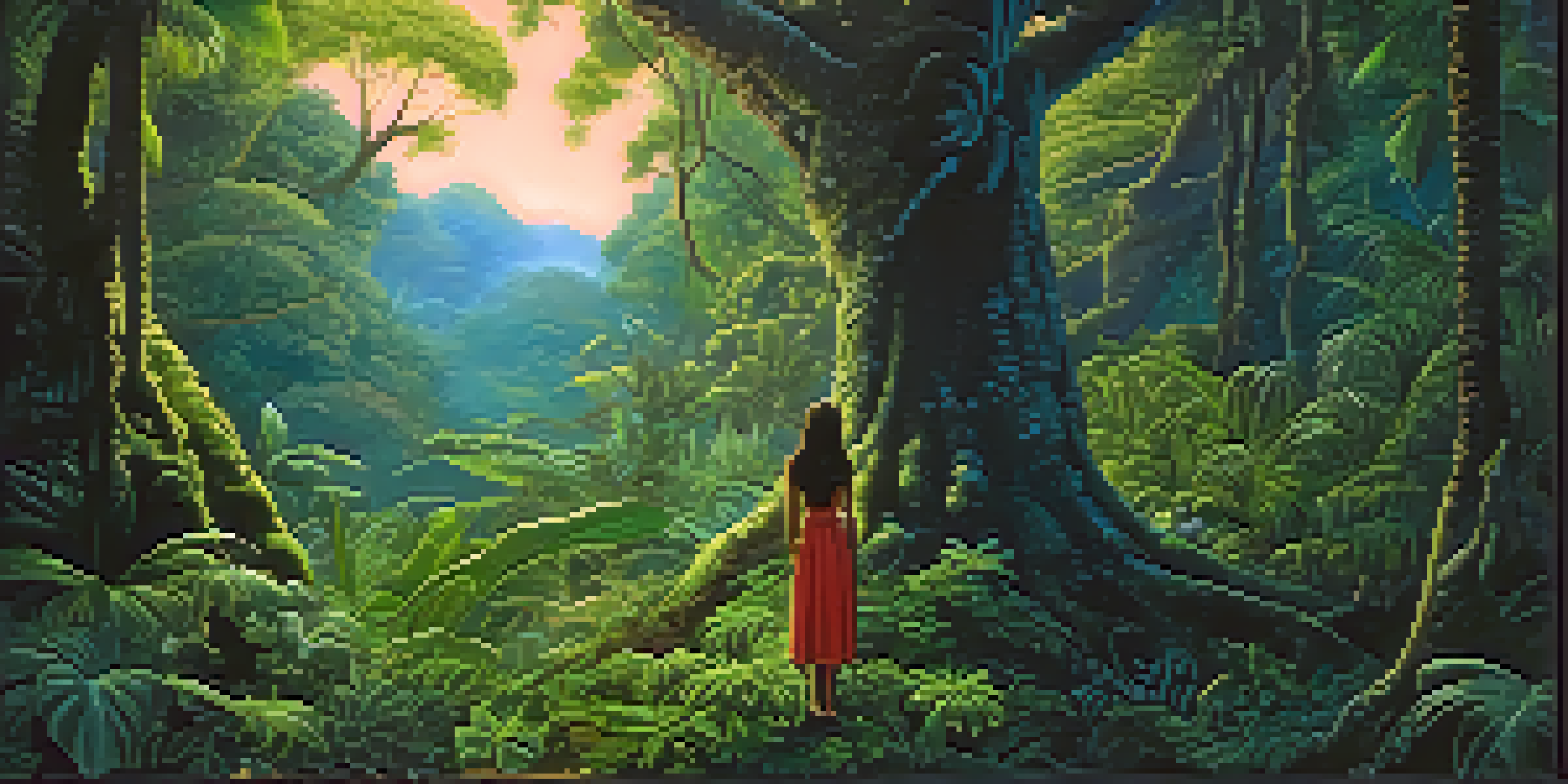 A mystical scene depicting Cuca, the Brazilian witch with a crocodile's head, in a twilight forest surrounded by lush trees and illuminated by moonlight.