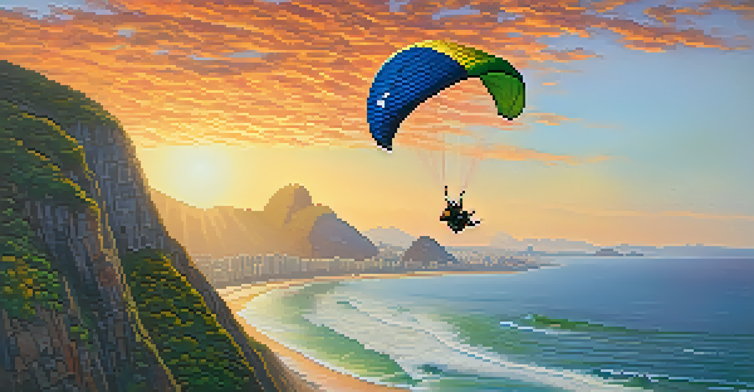 A person paragliding off the cliffs of Pão de Açúcar during sunset, with ocean waves and a colorful sky.