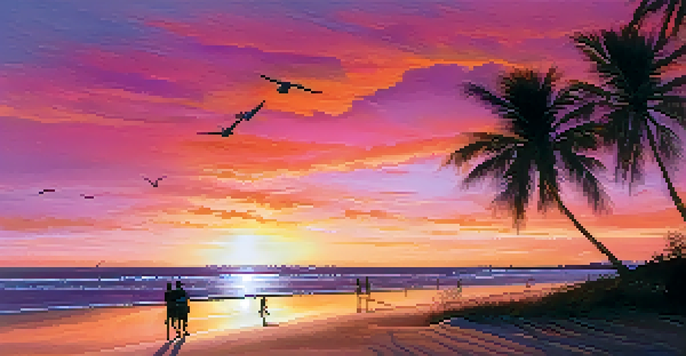 A tranquil sunset beach scene in Bahia, Brazil, with vibrant colors in the sky and silhouettes of palm trees.