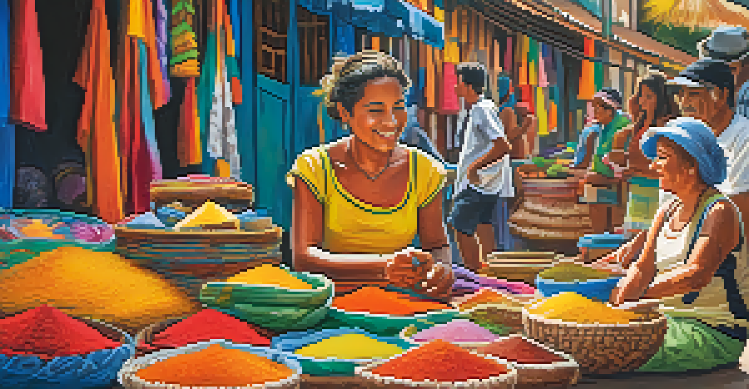 A local artisan demonstrating craft-making in a vibrant market in Brazil, with colorful handmade goods and engaged tourists.