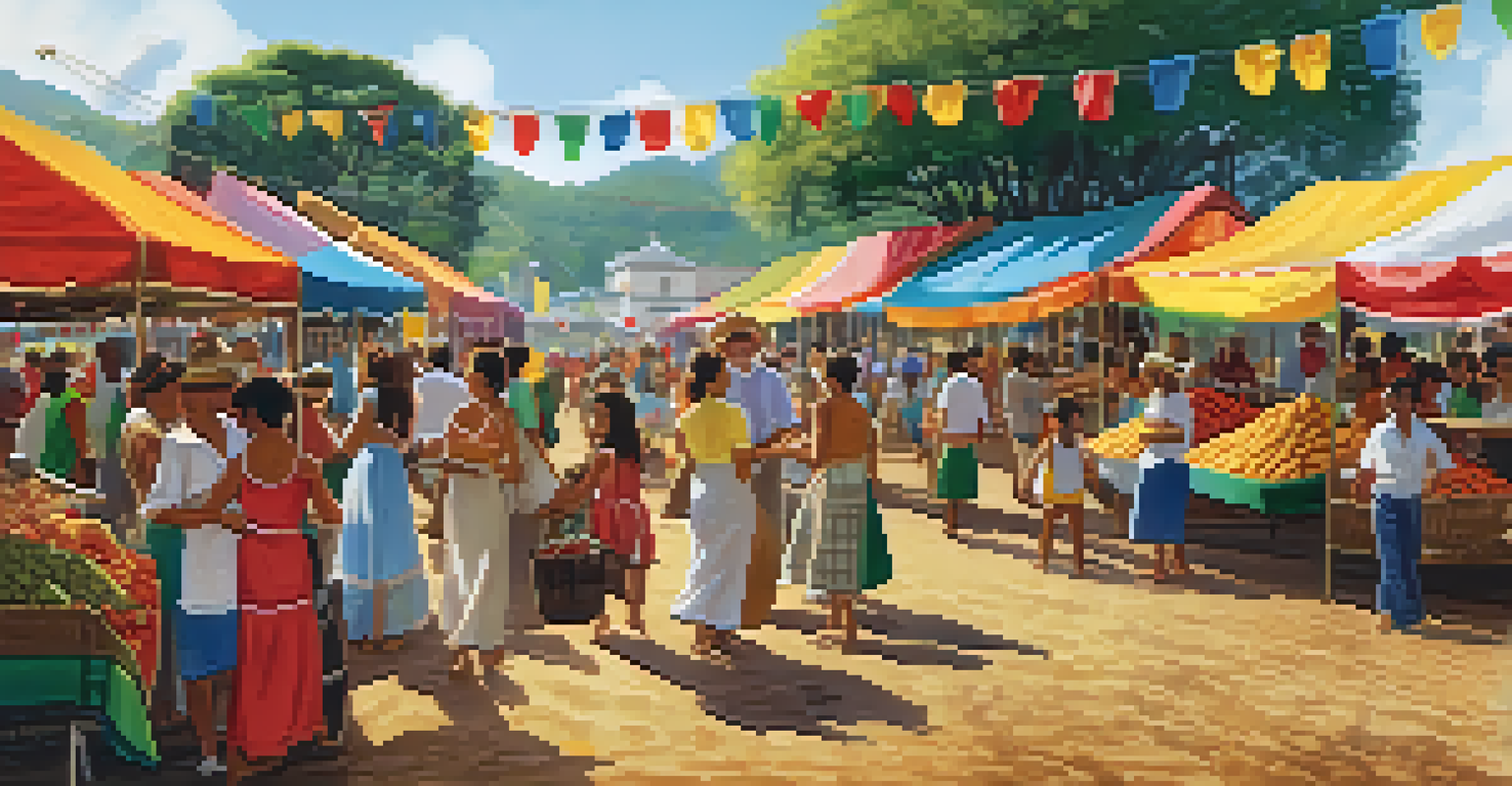 A vibrant Brazilian agricultural festival with stalls of local produce and people dancing and cooking.