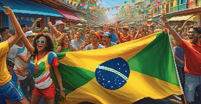 A lively street scene in Brazil with fans celebrating the 2024 World Cup, wearing colorful jerseys and waving flags.