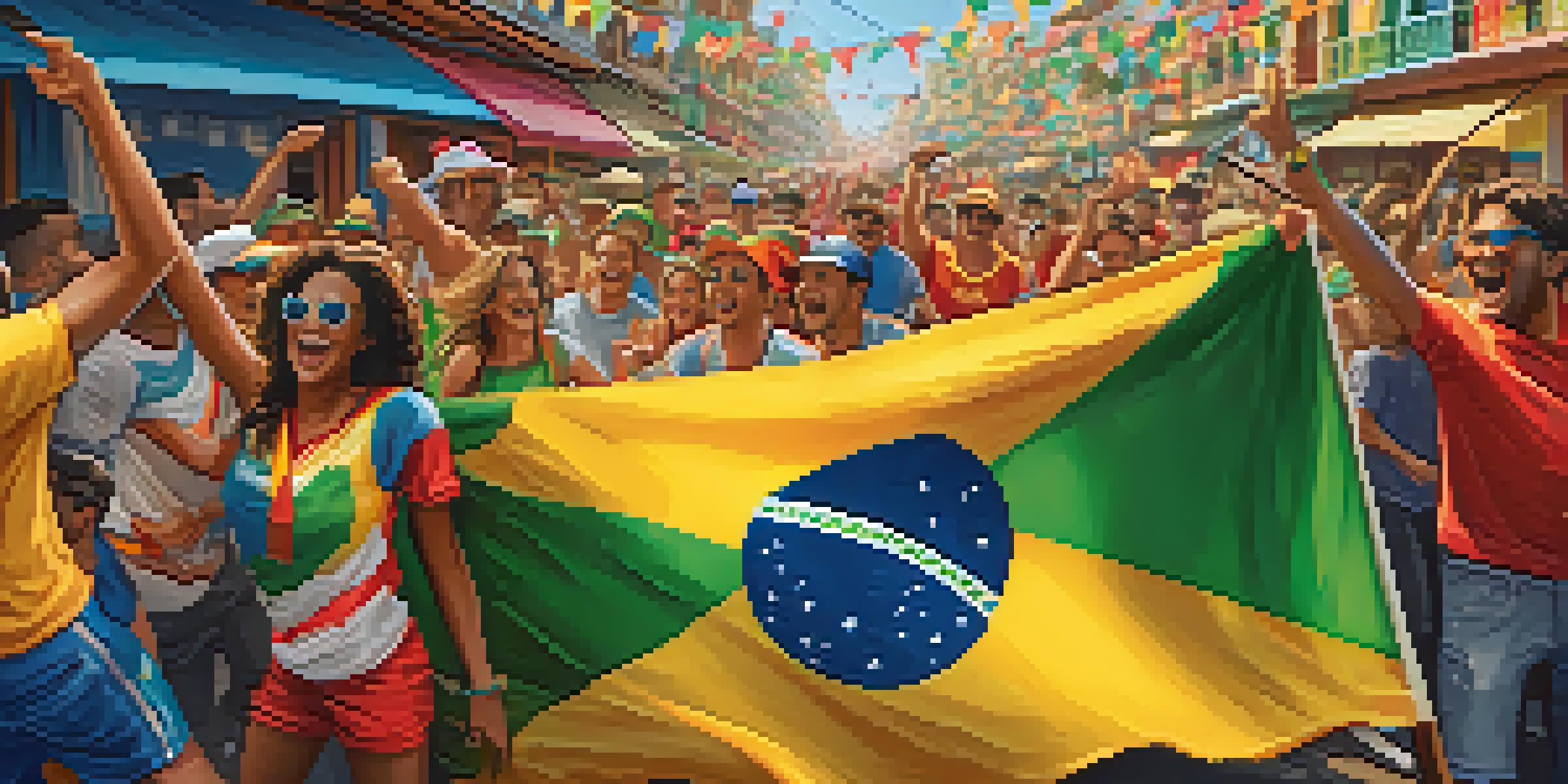 A lively street scene in Brazil with fans celebrating the 2024 World Cup, wearing colorful jerseys and waving flags.