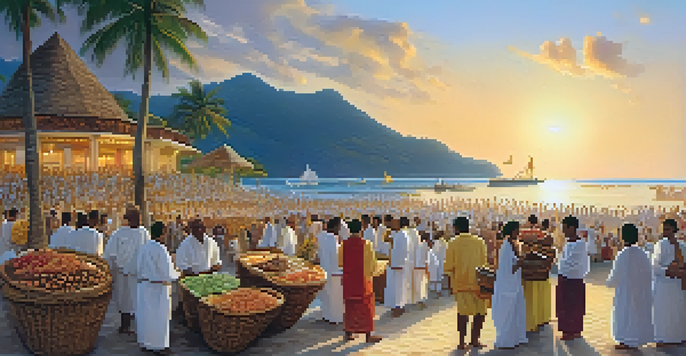 Devotees in white clothing releasing offerings into the ocean during the Festa de Iemanjá at sunset.