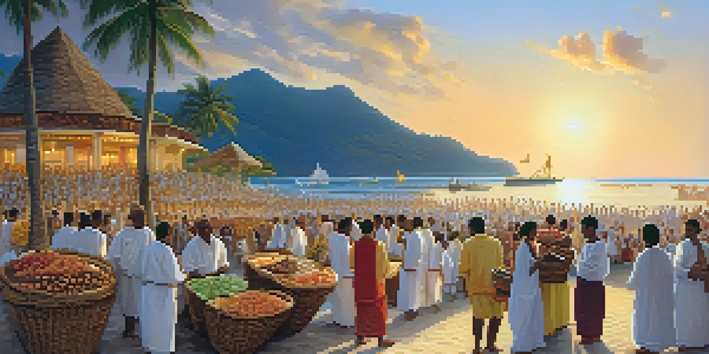 Devotees in white clothing releasing offerings into the ocean during the Festa de Iemanjá at sunset.