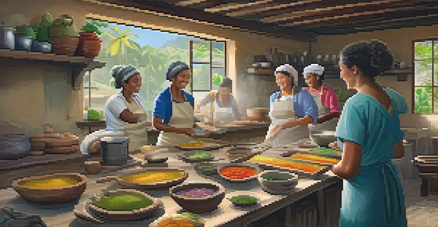 A local chef teaching tourists how to cook traditional Brazilian dishes in a rustic kitchen, filled with fresh ingredients and warm lighting.