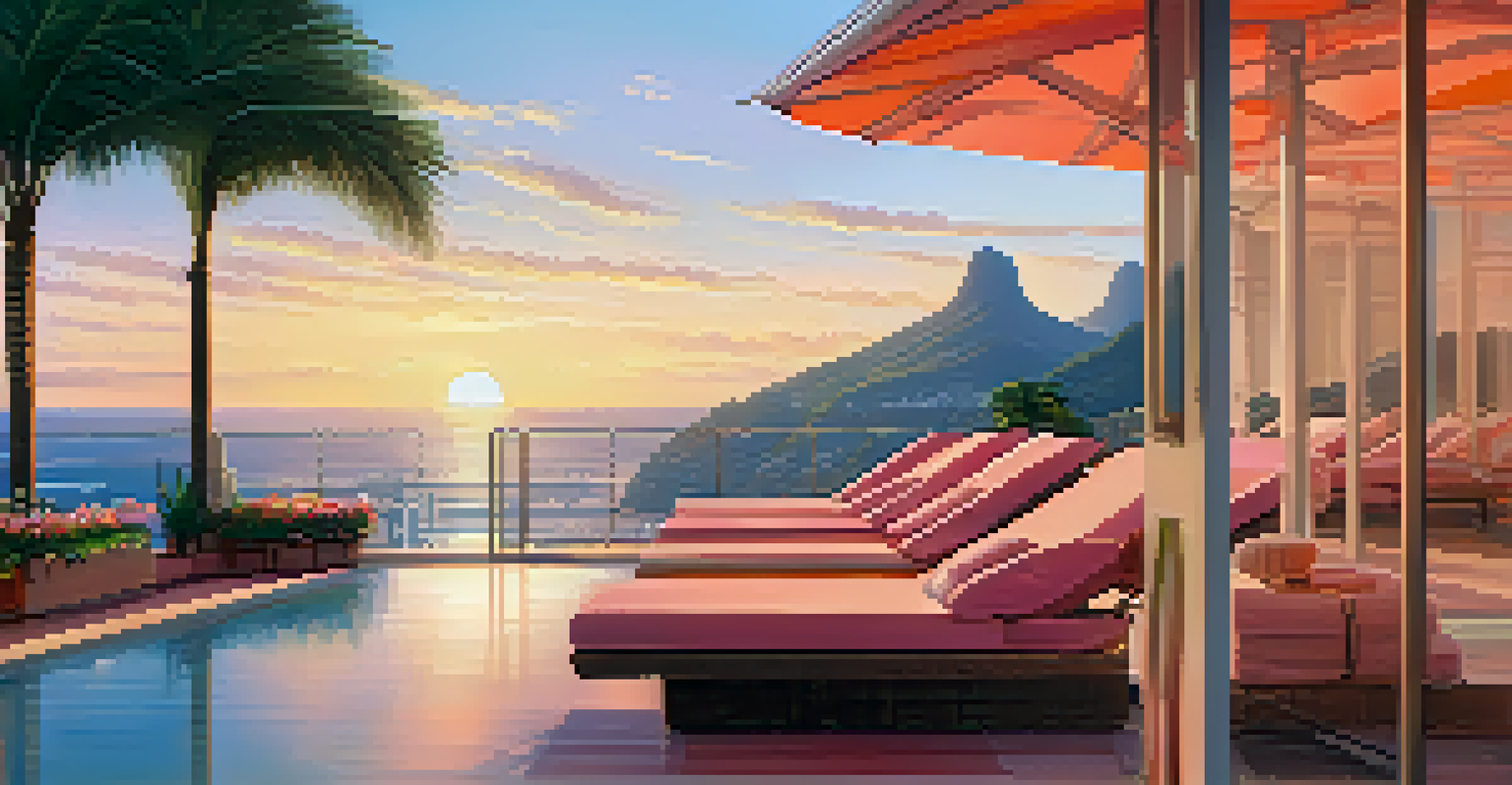 A rooftop terrace with a stylish pool and lounge chairs during sunset, featuring palm trees and a vibrant sky.