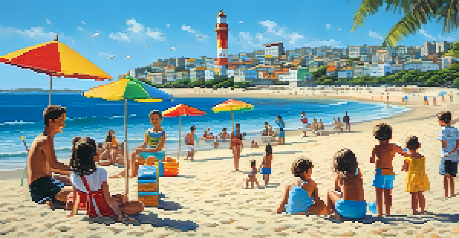A sunny beach scene in Barra, Salvador, with families playing in the sand and the Barra Lighthouse in the background.