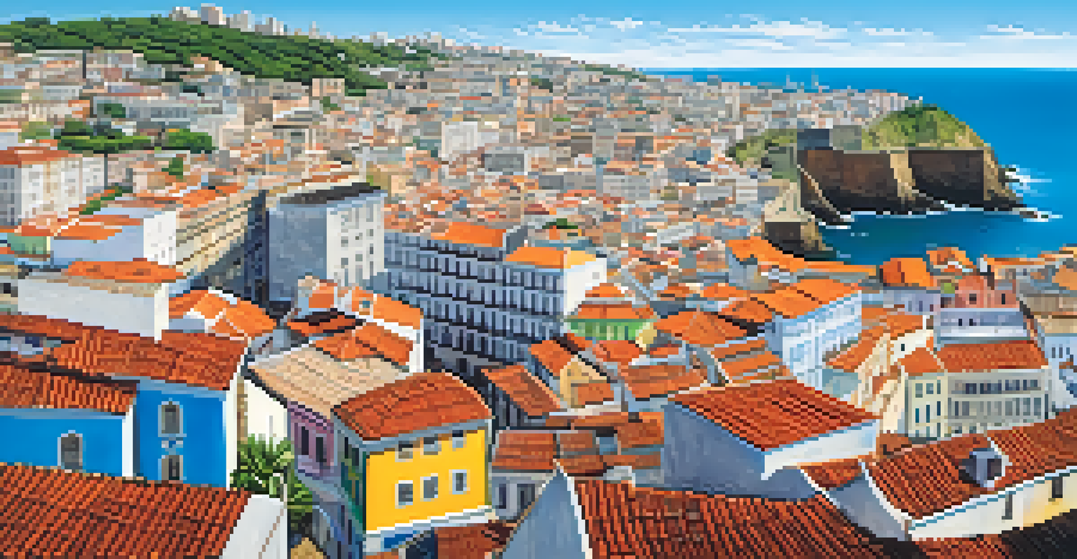 A panoramic view from the Elevador Lacerda in Salvador, showing the colonial buildings, market stalls, and coastline under a bright blue sky.