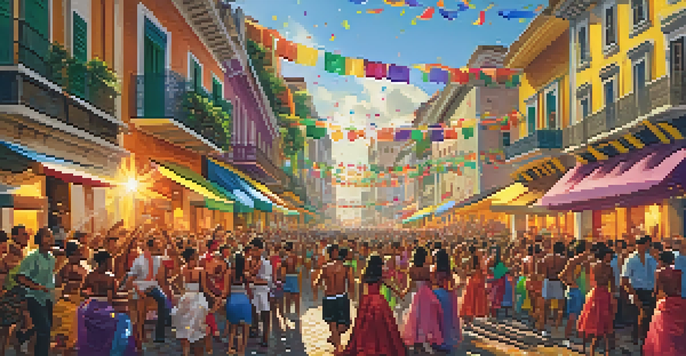 A lively street scene depicting samba dancers in colorful costumes during Carnival in Salvador, with historic buildings in the background.