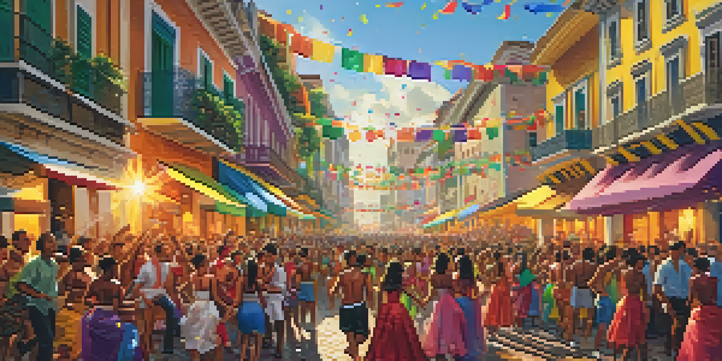 A lively street scene depicting samba dancers in colorful costumes during Carnival in Salvador, with historic buildings in the background.