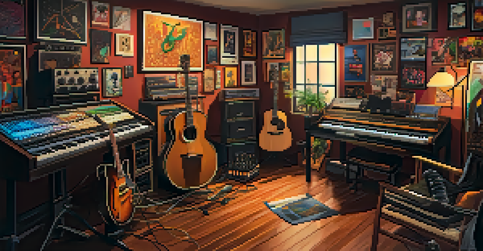 A modern music studio in Brazil with diverse musicians collaborating, surrounded by instruments and vibrant artwork under warm lighting.
